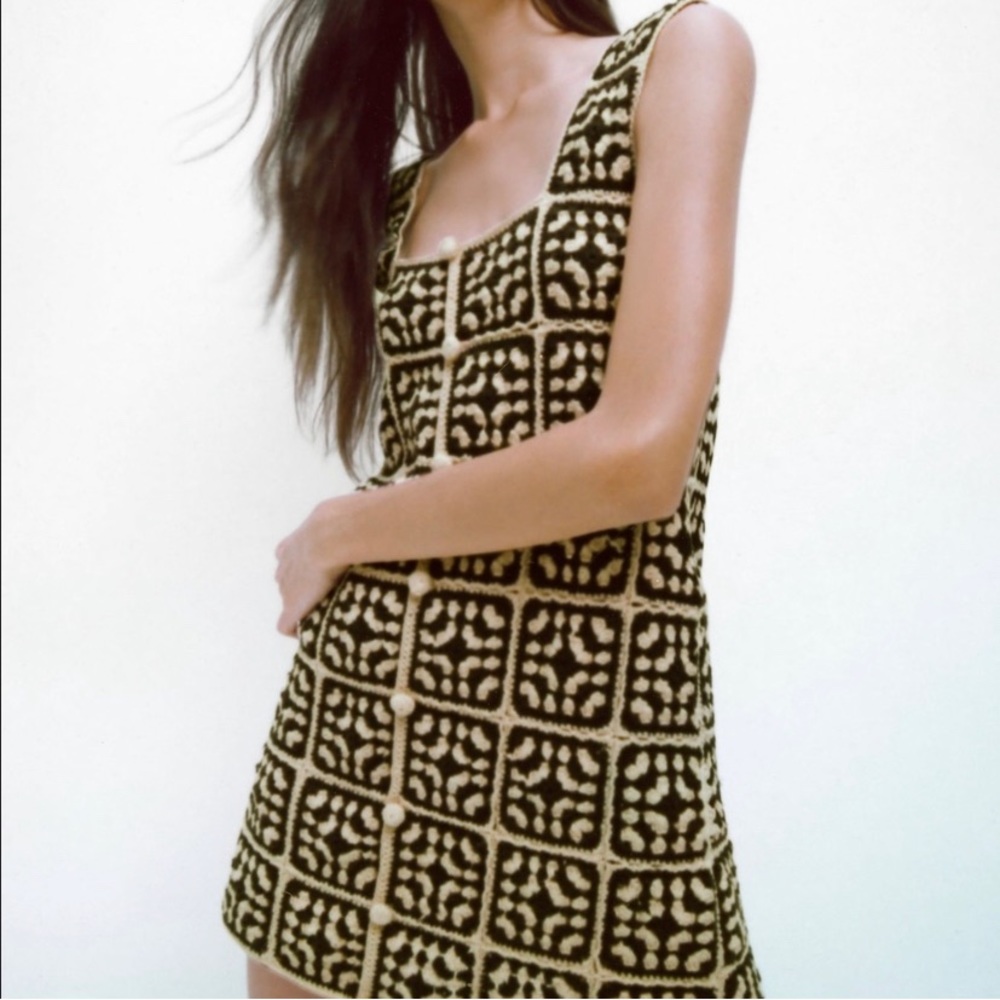 Zara Crochet Knit Squares Brown Cream Wide Straps Square Neck Button Mini Dress